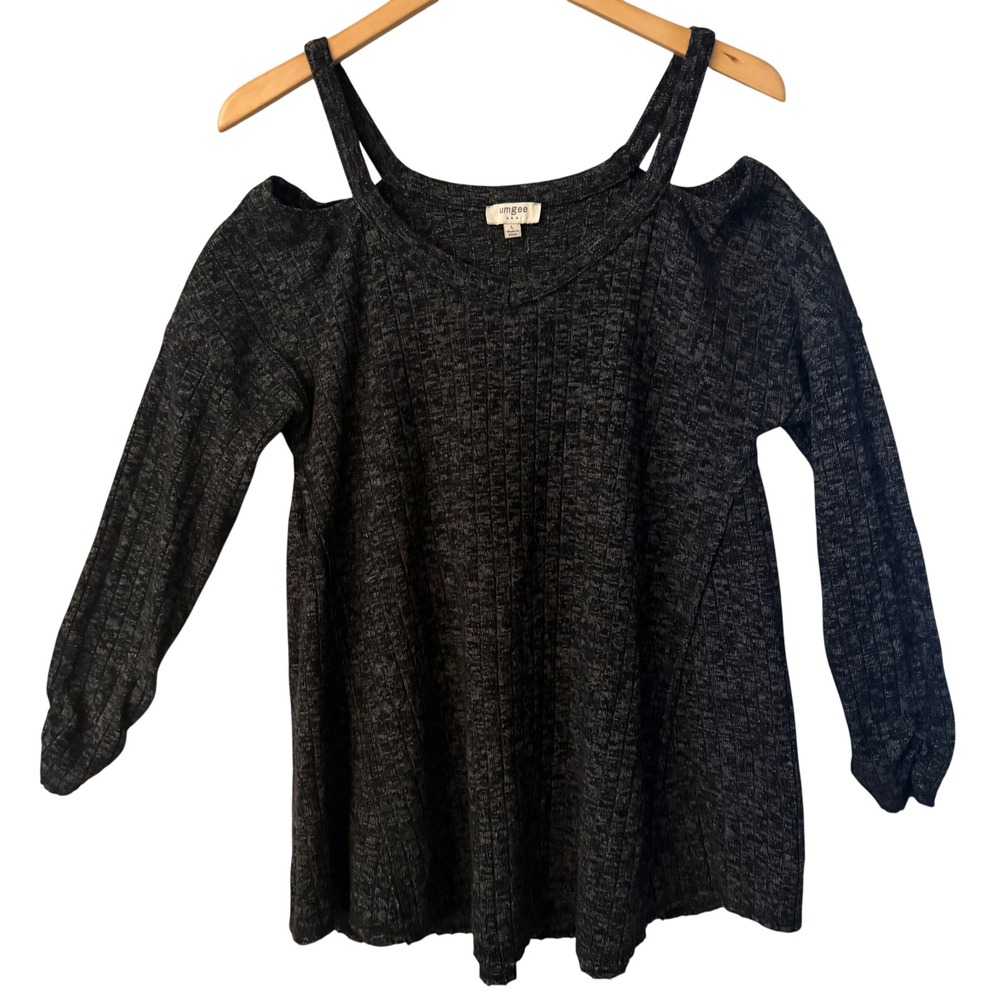 Umgee USA Women Sz L Charcoal Grey Ribbed Cold Shoulder Oversized Top Boho Edgy